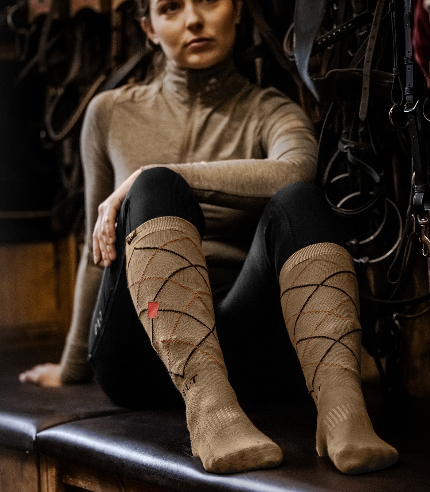 ELT Argyle Riding Socks - Cappuccino/Flamered 6